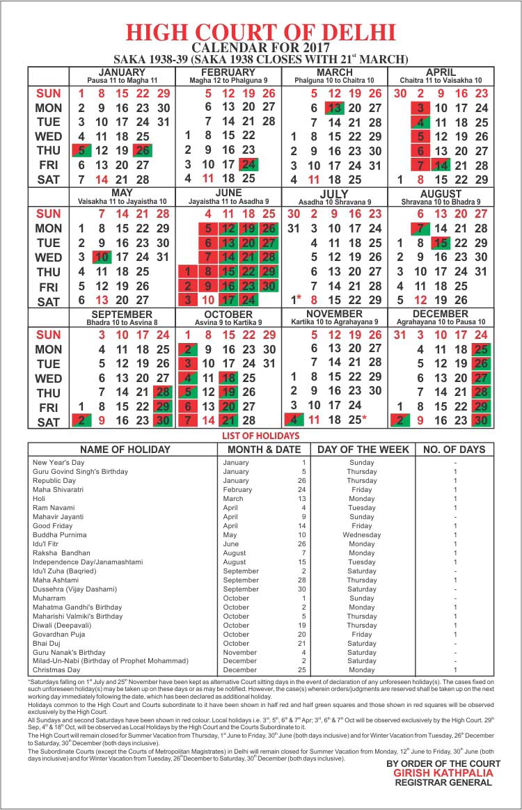 Delhi District Courts Calendar